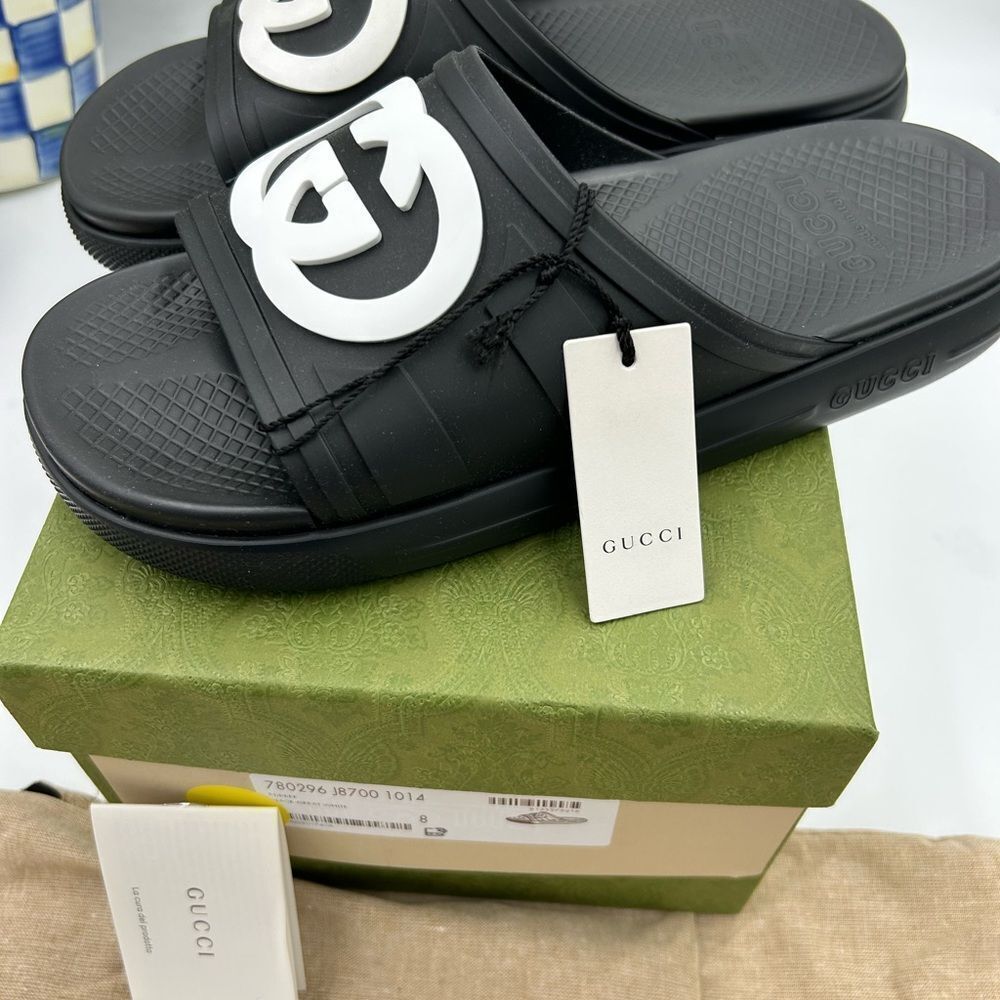 Men's Gucci interlocking G rubber Pool slides size 8, made in Italy - Picture 4 of 10